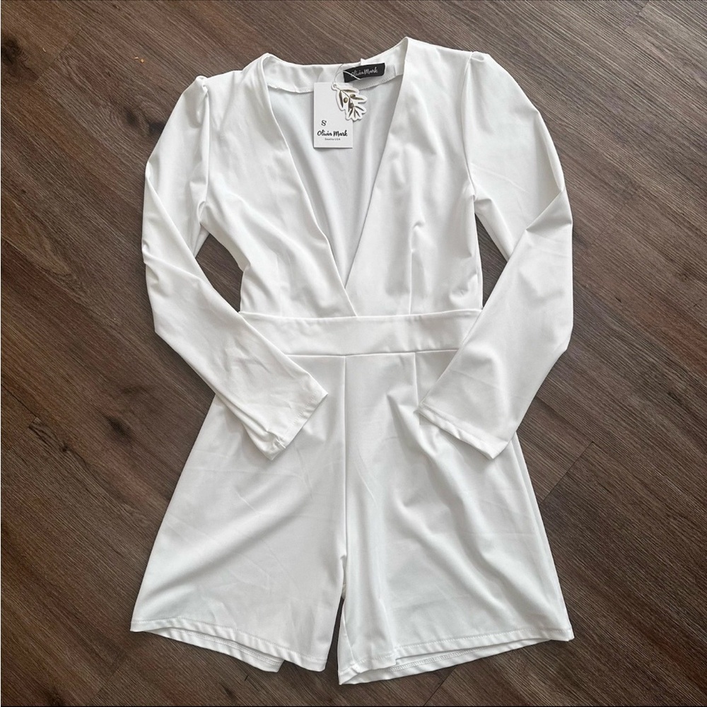 White Long Sleeve V-Neck Romper